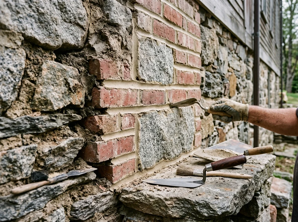 Historic stone and brick masonry wall repointing and tuckpointing with fresh mortar joints in Connecticut