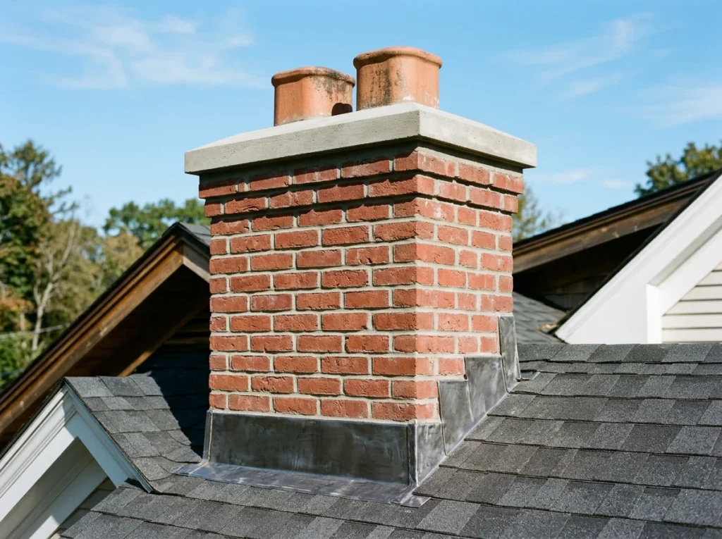 Residential brick chimney repair and mortar repointing with lead step flashing and concrete crown in Connecticut