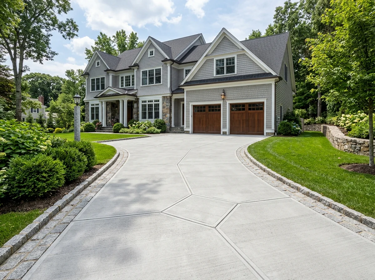 Poured concrete driveway installation with decorative scored control joints and Belgian block cobblestone border in Connecticut