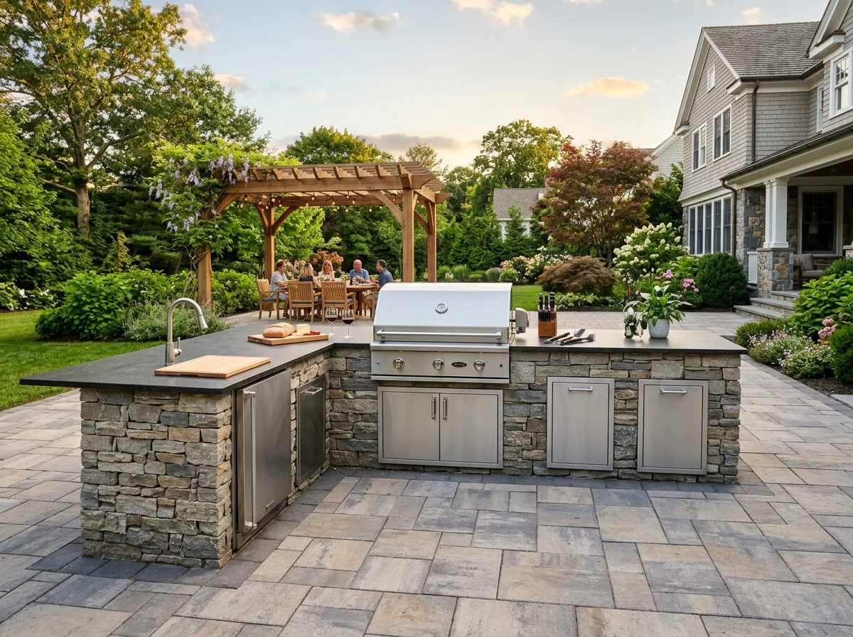 Custom stone veneer outdoor kitchen island with built-in stainless steel grill and granite countertop on paver patio