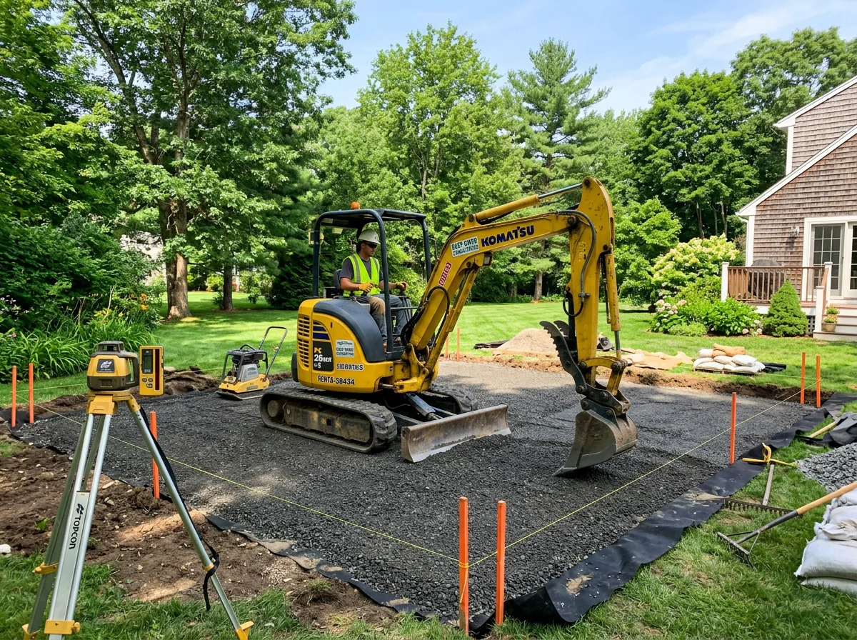 Mini-excavator preparing and grading crushed stone foundation base for residential hardscaping project in Connecticut