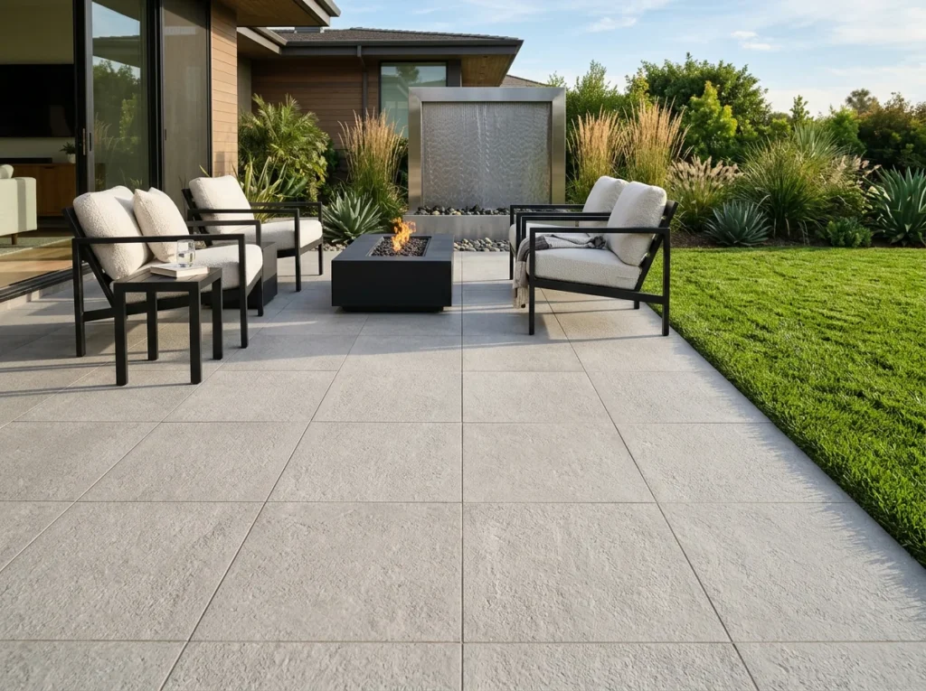 Modern luxury backyard patio featuring large format outdoor porcelain pavers with minimalist joints in Connecticut