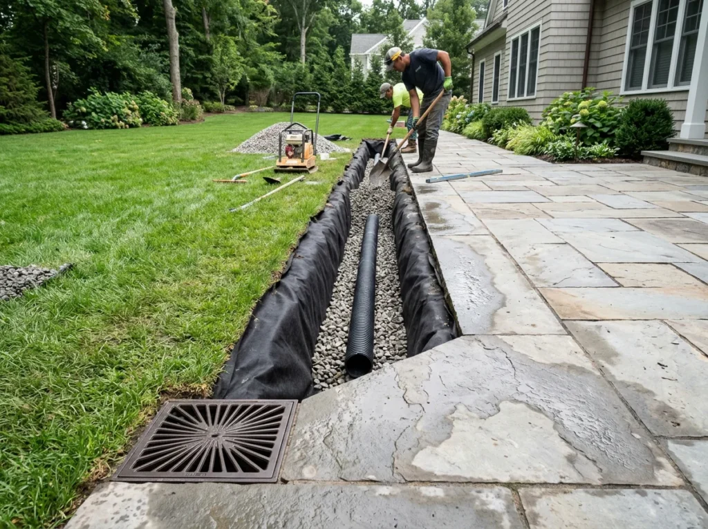 Residential French drain installation with clean gravel trench and catch basin beside stone patio in Connecticut